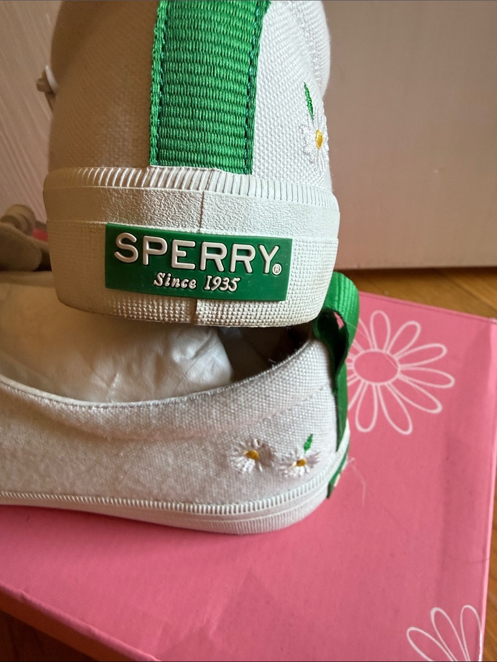 Sperry Off-White Canvas Lace-Up Sneakers with Green Accents - Picture 3 of 6